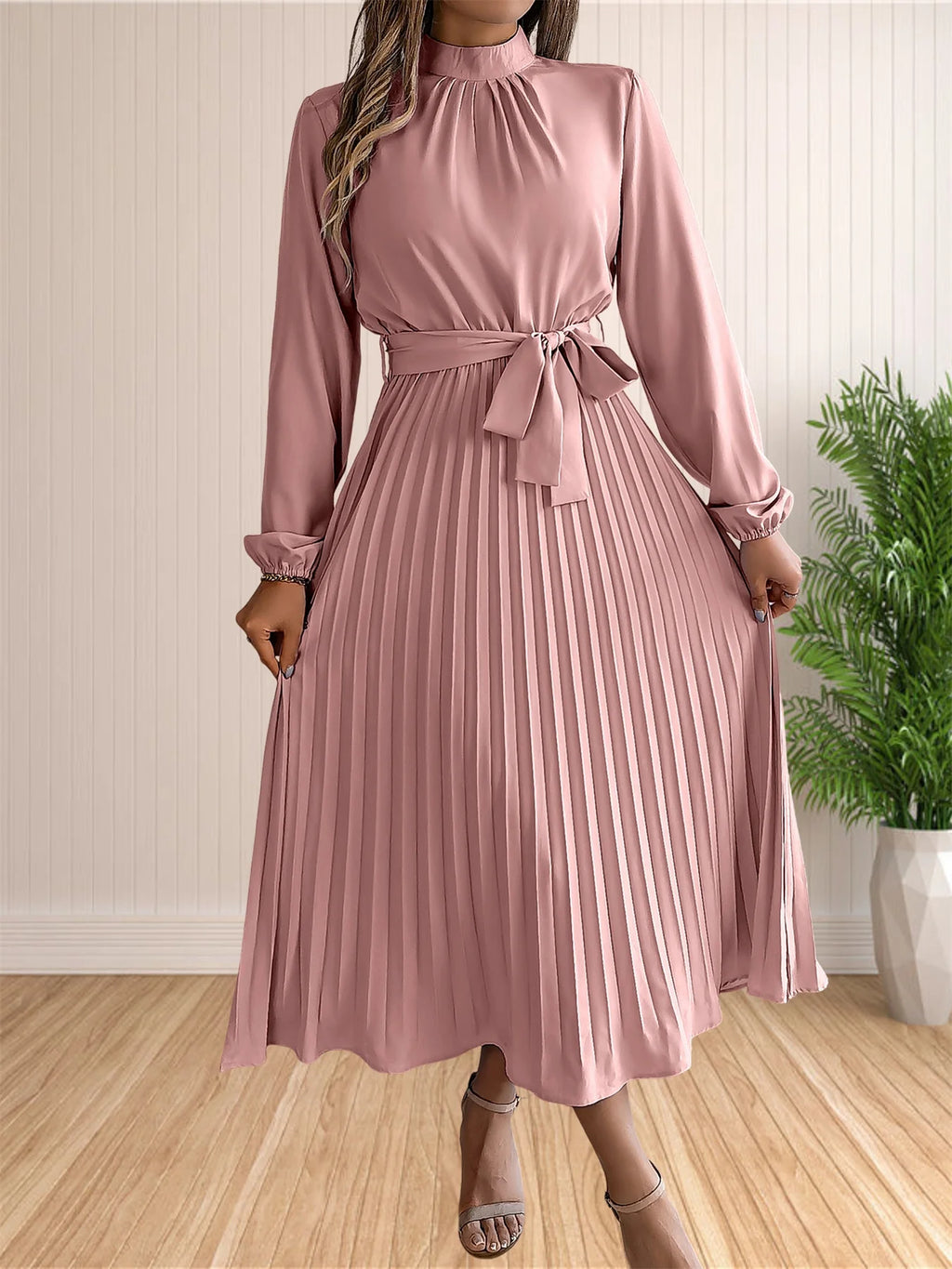 Pleated Belted Midi Dress