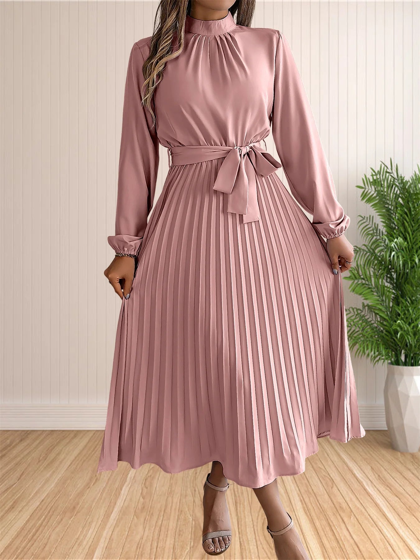 Pleated Belted Midi Dress