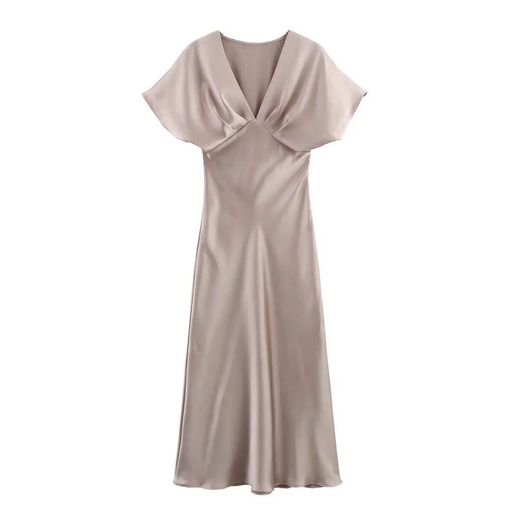 Midi satin dress with a V-neck