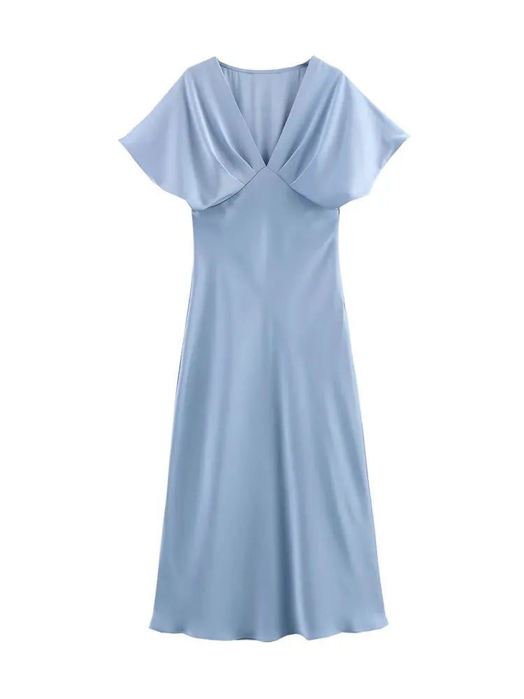 Midi satin dress with a V-neck