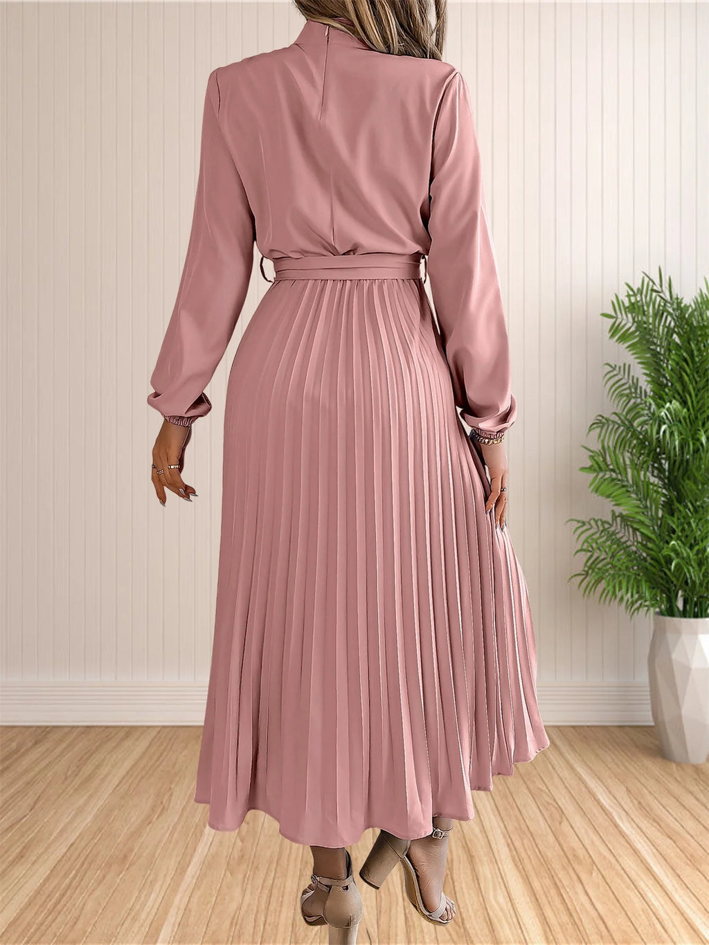 Pleated Belted Midi Dress
