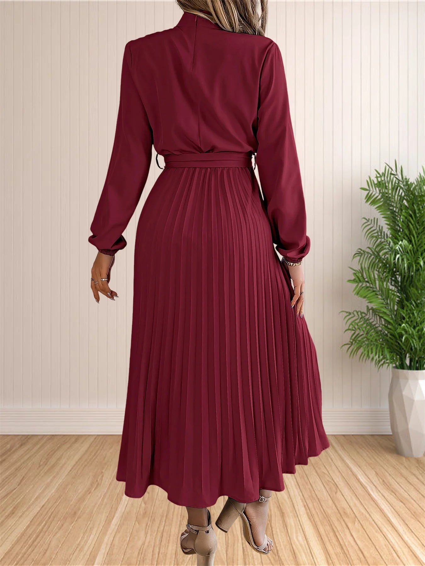 Pleated Belted Midi Dress