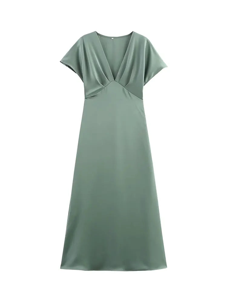 Midi satin dress with a V-neck