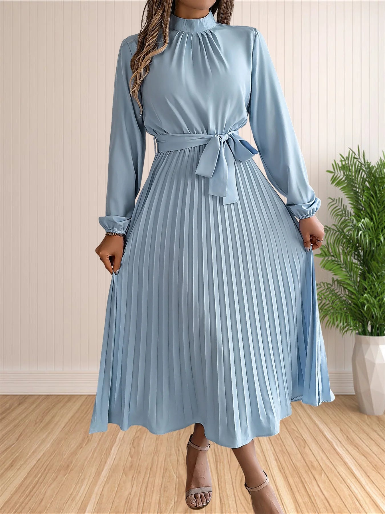 Pleated Belted Midi Dress