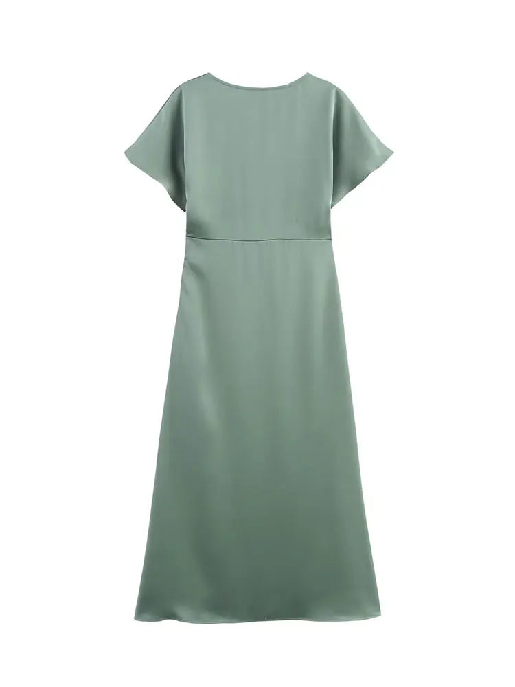 Midi satin dress with a V-neck