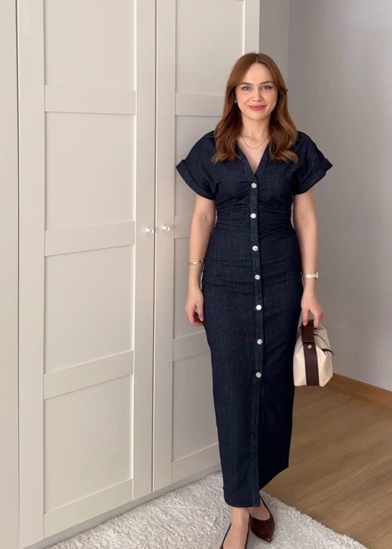 Button-Front Fitted Midi Dress