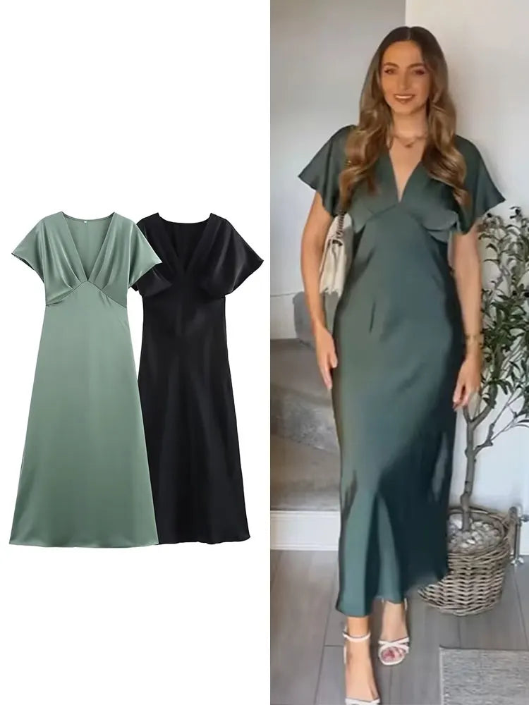 Midi satin dress with a V-neck