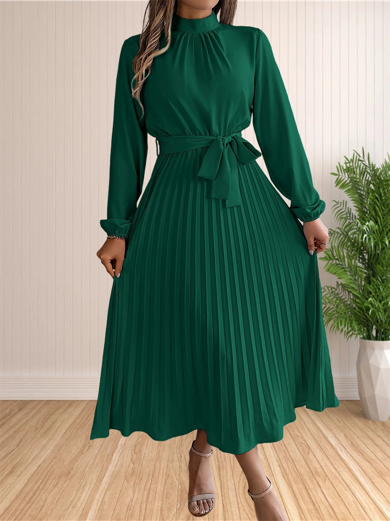 Pleated Belted Midi Dress