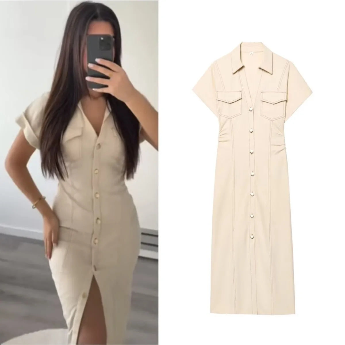 Button-Front Fitted Midi Dress