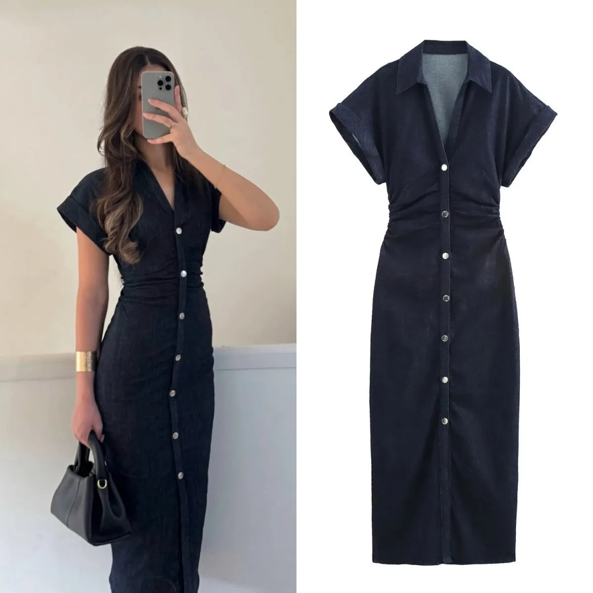 Button-Front Fitted Midi Dress