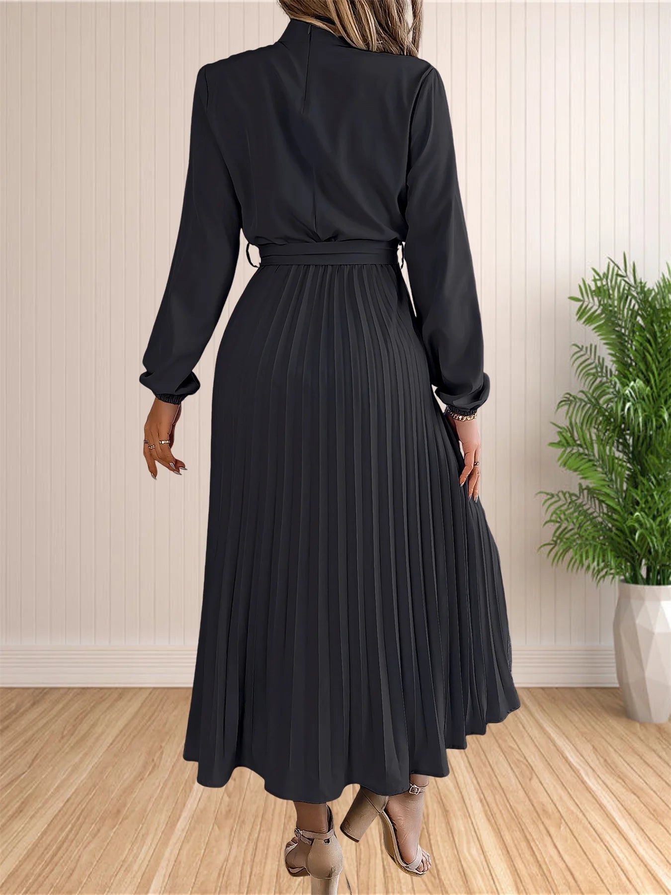 Pleated Belted Midi Dress