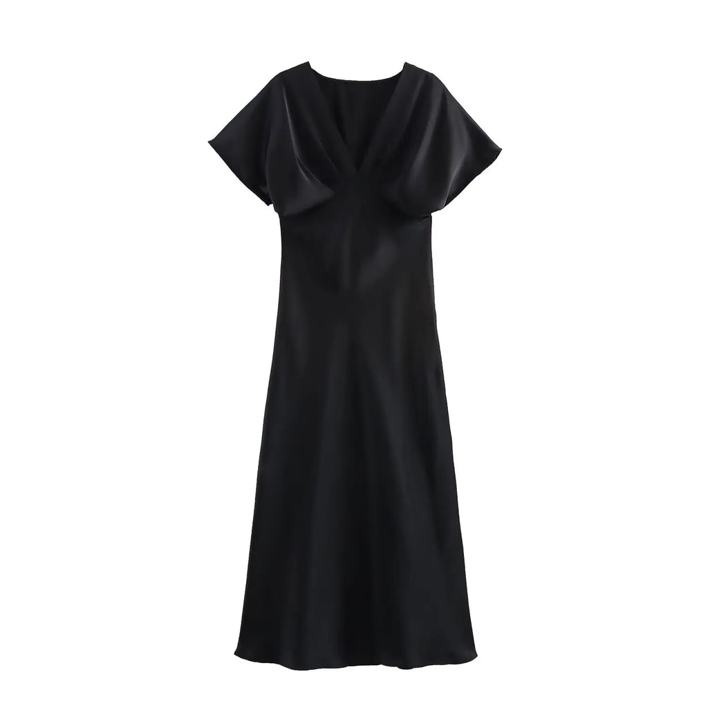 Midi satin dress with a V-neck