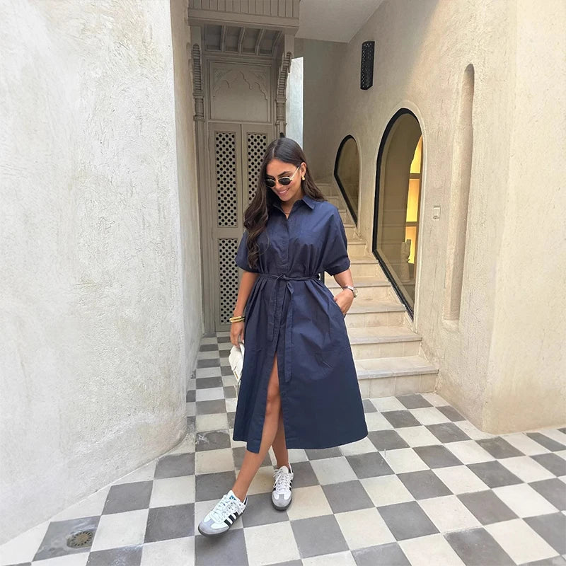 Belted Shirt Midi Dress