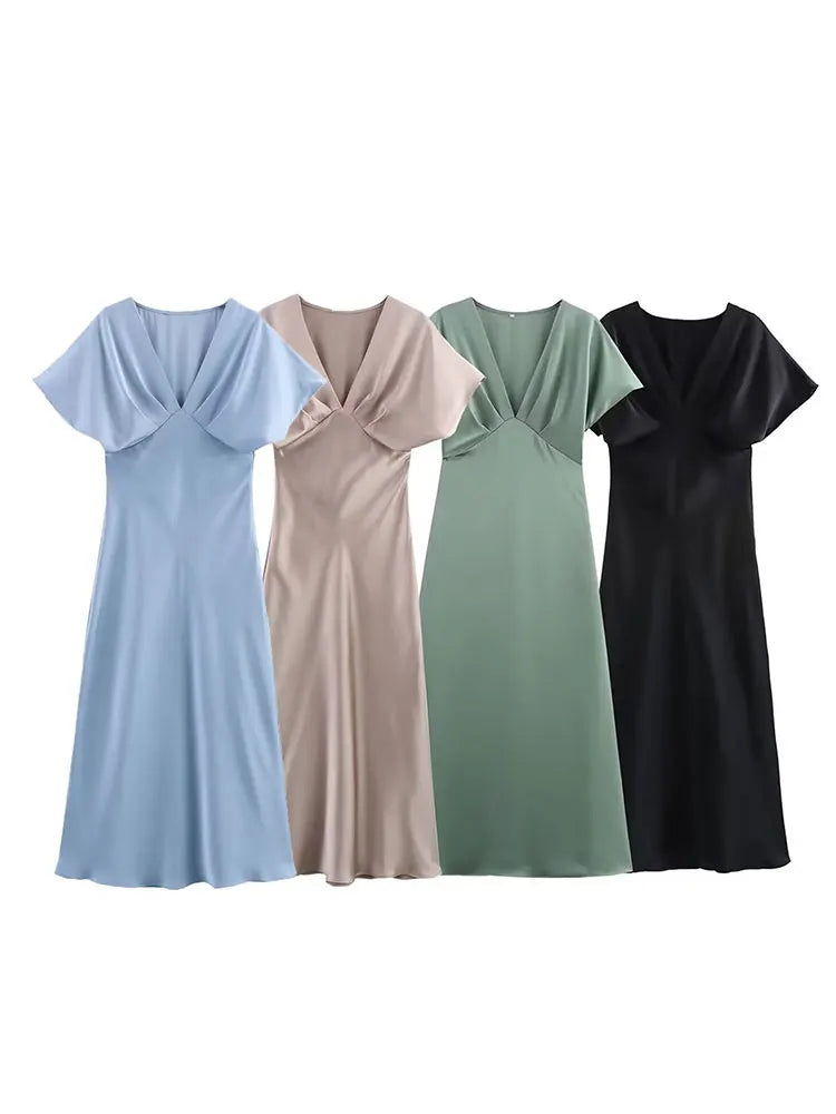 Midi satin dress with a V-neck