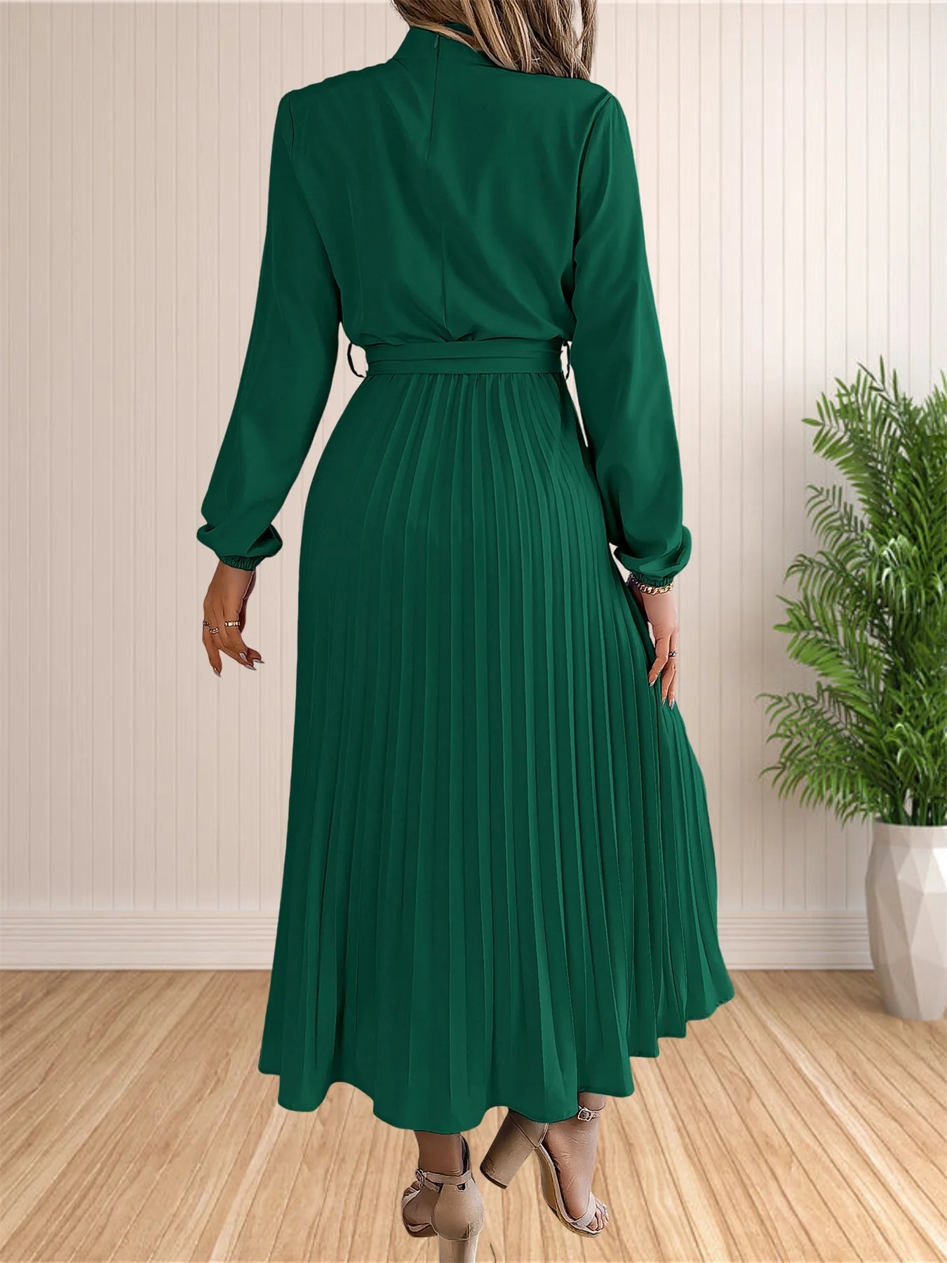 Pleated Belted Midi Dress
