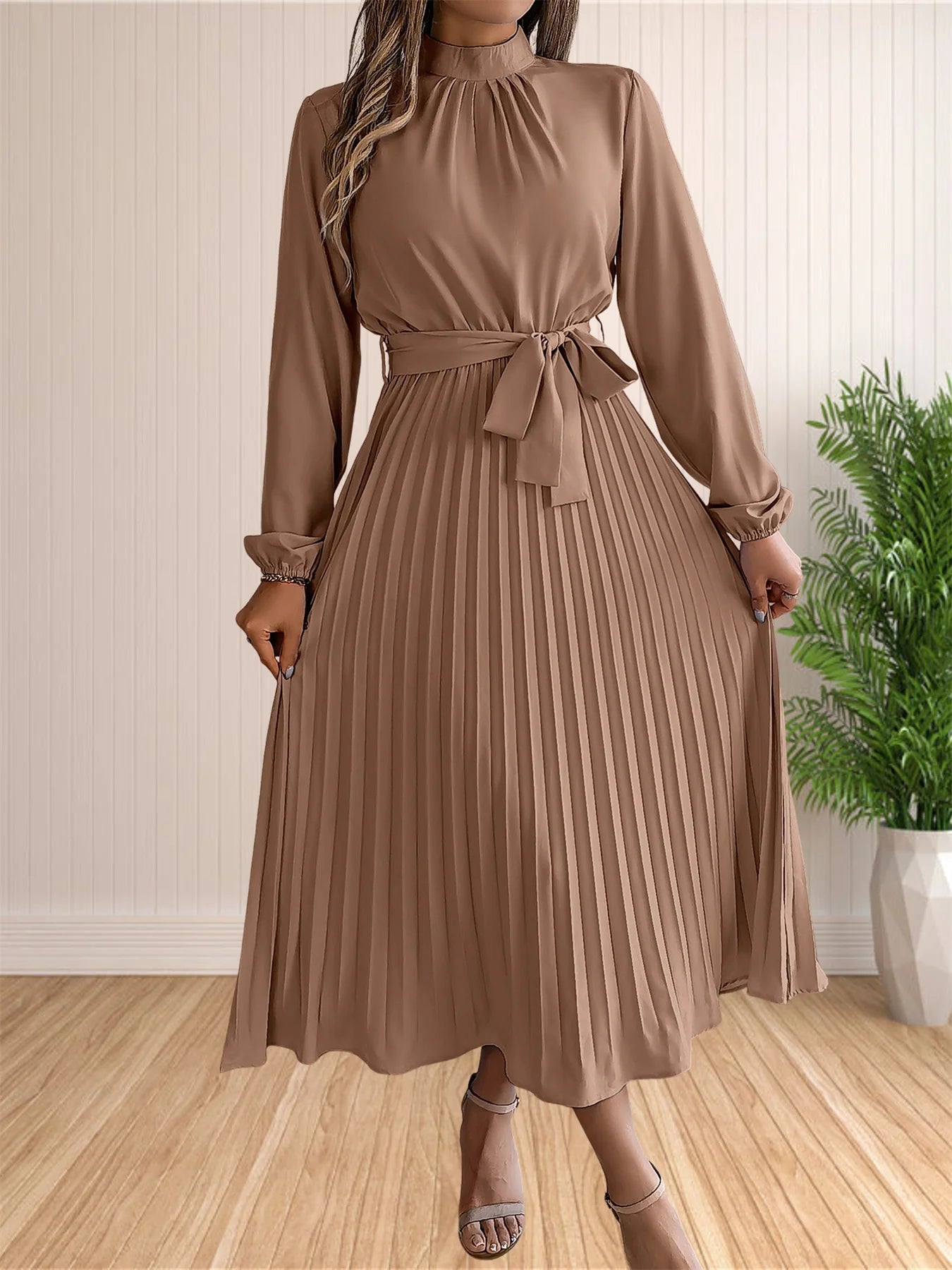 Pleated Belted Midi Dress