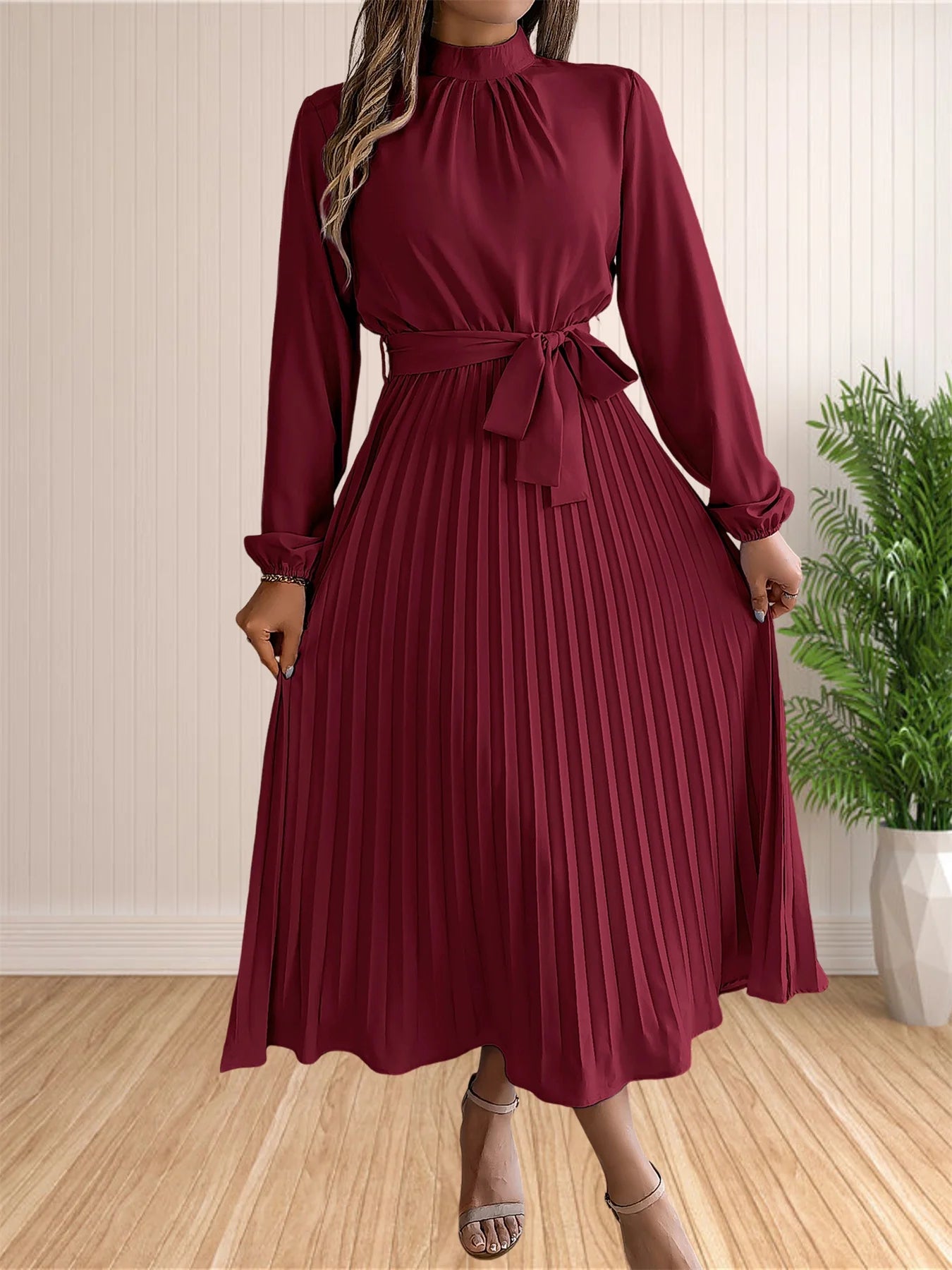Pleated Belted Midi Dress