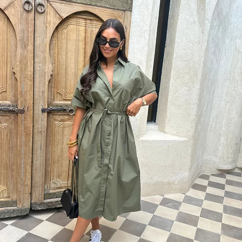 Belted Shirt Midi Dress