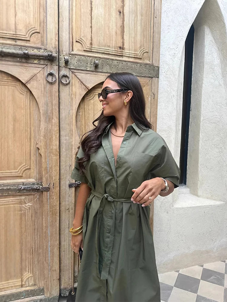 Belted Shirt Midi Dress