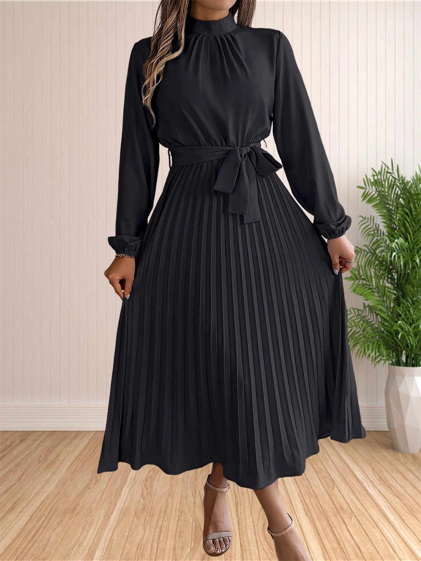 Pleated Belted Midi Dress