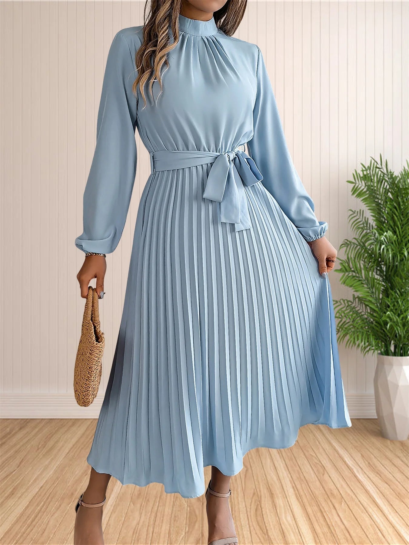 Pleated Belted Midi Dress
